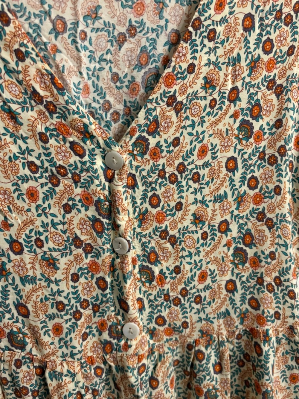 Floral Boho Button-Front Dress with Teal, Orange, & Mustard Accents Size Medium - Picture 2 of 7